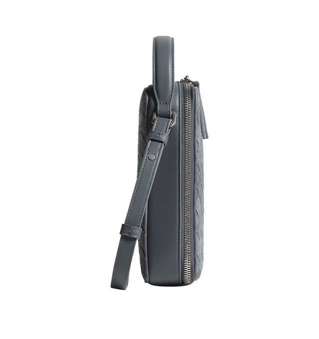Image 3 of 5 - GREY - BOTTEGA VENETA Getaway Phone Pouch featuring intrecciato denim suede leather phone pouch, handle and adjustable cross-body strap, one main compartment, one flat inside pocket and zipper closure. Lambskin. Made in Italy.