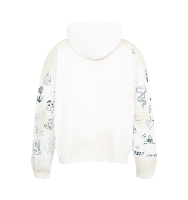 Image 2 of 2 - WHITE - BALENCIAGA Raglan Zip-Up Hoodie featuring dry fleece, worn-out details, hood with drawstring, long sleeves, double-ended zip fastening, 2 front pockets, elasticated cuffs and waistline and tattoo artwork printed on the front and sleeves. 100% cotton. Made in Portugal. 