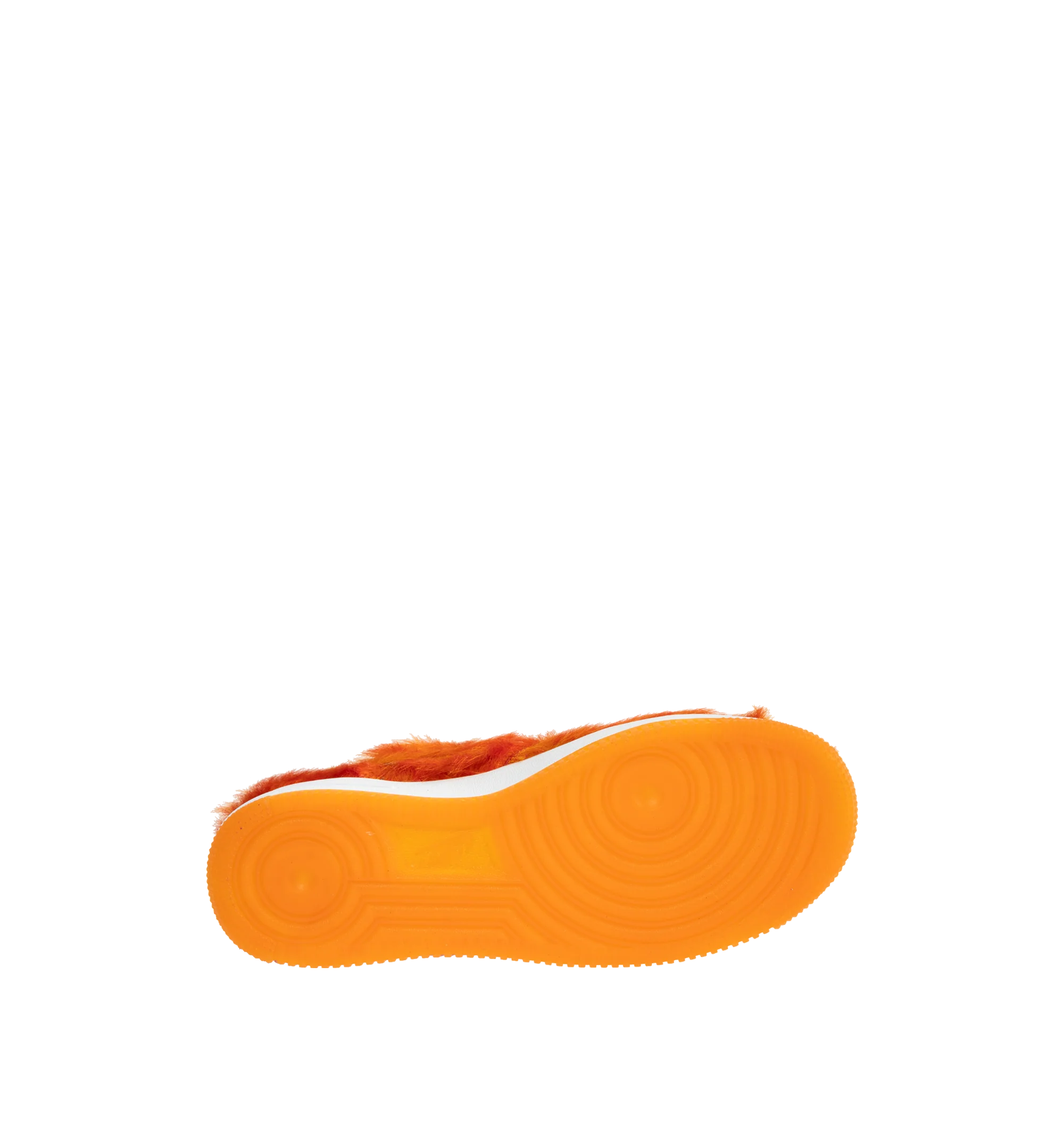 Image 4 of 5 - ORANGE - Nike Air Force 1 "Multi-Color and Sunset" Sneakers update the classic basketball-inspired silhouette with a shaggy, hair-like upper in vivid sunset orange. Tonal Swoosh branding, a lace-up closure, and a padded collar complete the low-top design, while a white Air-cushioned midsole and orange rubber outsole provide comfort and traction. Sole: Rubber.