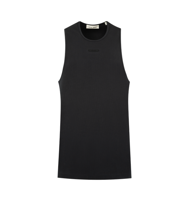 Image 1 of 2 - BLACK - FEAR OF GOD ESSENTIALS Rib Tank featuring ribbed cotton spandex blend for stretch comfort, U-neck tank fits relaxed in the body with dropped arm holes and Essentials signature label on the center front. 95% cotton, 5% spandex rib knit.