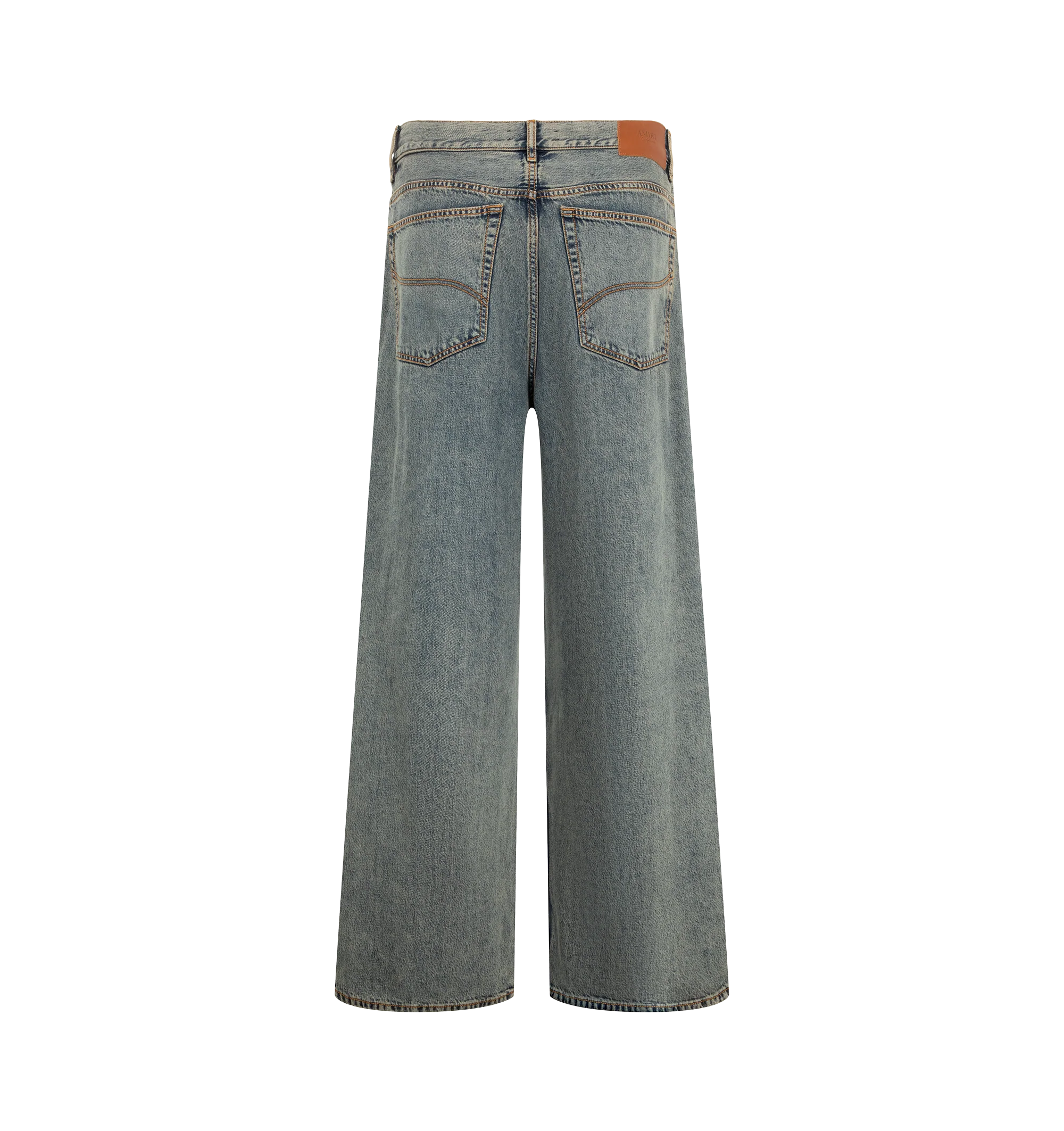 Image 2 of 3 - GREY - Amiri Men's Loose-Fit Jeans are crafted from indigo blue cotton denim with a washed finish. Cut for a loose fit, they feature classic five-pocket styling, a rear logo patch, belt loops, and a button-and-zip fly. Main Material: 100% Cotton.