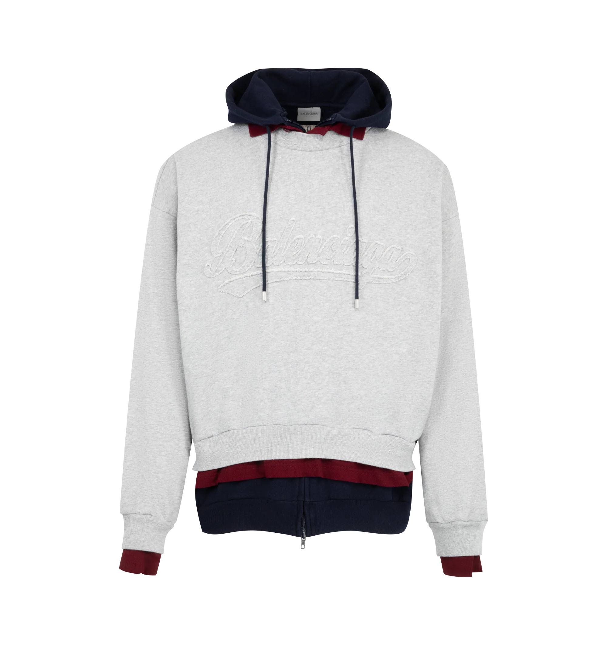 Image 1 of 2 - GREY - Balenciaga Men's Logo-Embroidered Cotton Hoodie is crafted from soft cotton jersey and features an embroidered logo, an adjustable drawstring hood, layered trim detailing, and ribbed cuffs and hem. This designer cotton hoodie combines a classic silhouette with signature Balenciaga styling for elevated everyday wear. Main Material: 100% Cotton. Made in Portugal.
