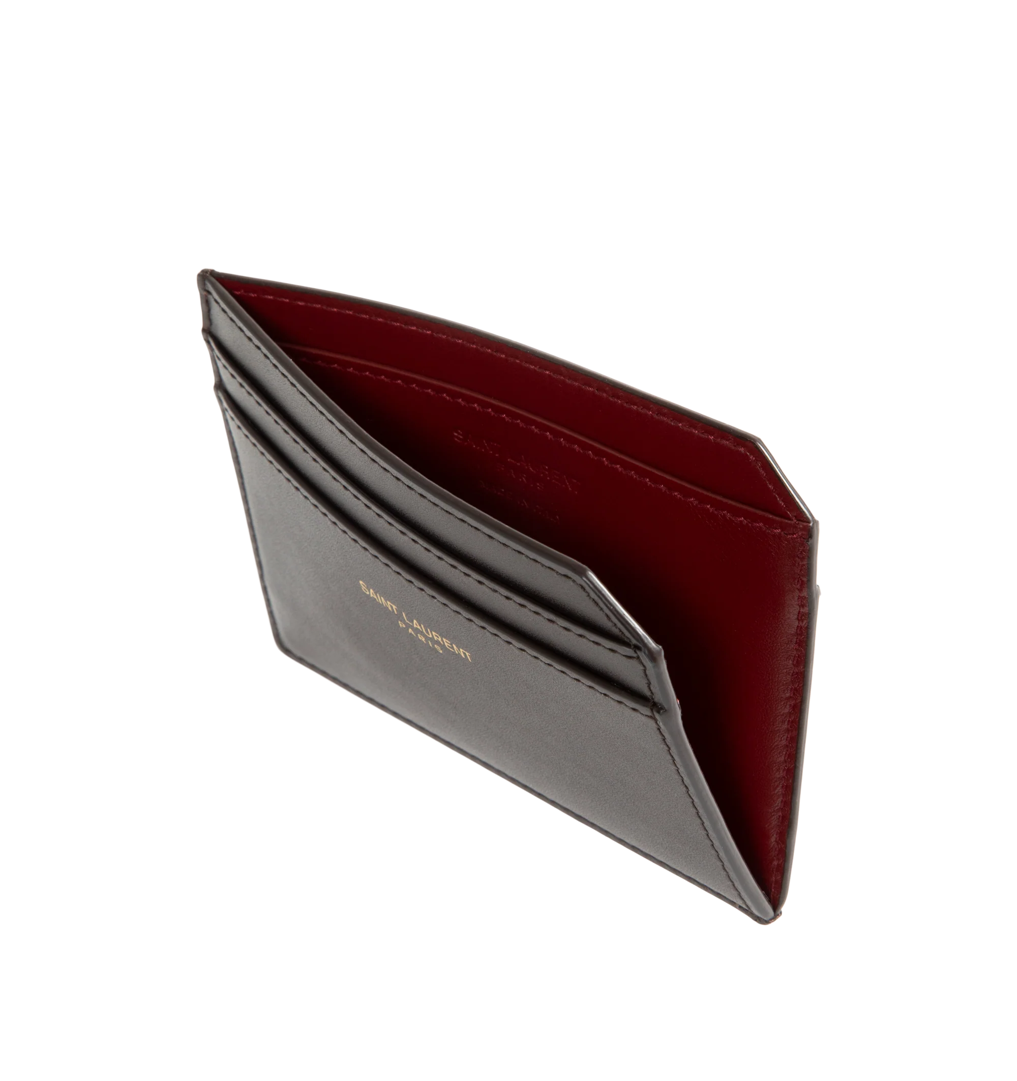 Image 3 of 3 - BROWN - Saint Laurent Mens Card Case is crafted from calfskin leather. Features an embossed Saint Laurent Paris logo, contrasting interior, seven card slots, and bronze-tone hardware. Dimensions: 10.7  7.5  0.5 cm. Main Material: Calfskin Leather. Made in Italy. 