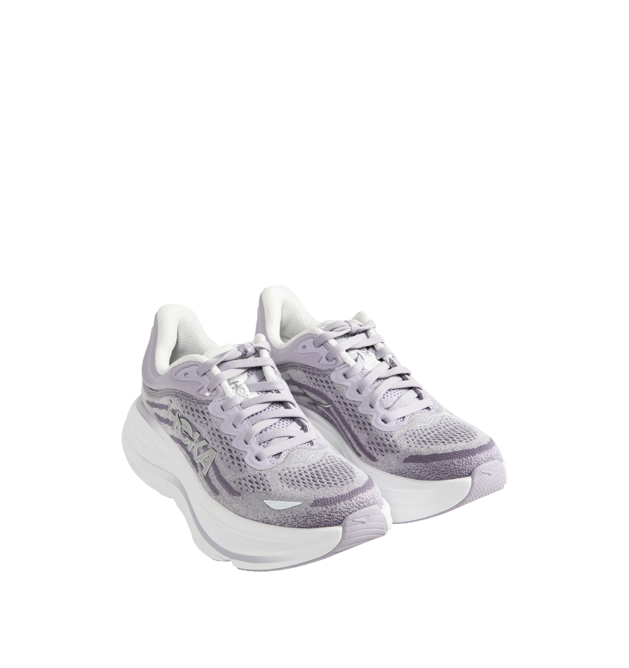 Image 2 of 5 - PURPLE - HOKA W Bondi 9 Sneaker featuring performance mesh upper, cushioned collar and tongue, removable contoured insole, supportive midsole, textile lining, lace-up closure, round toe and rubber sole. 
