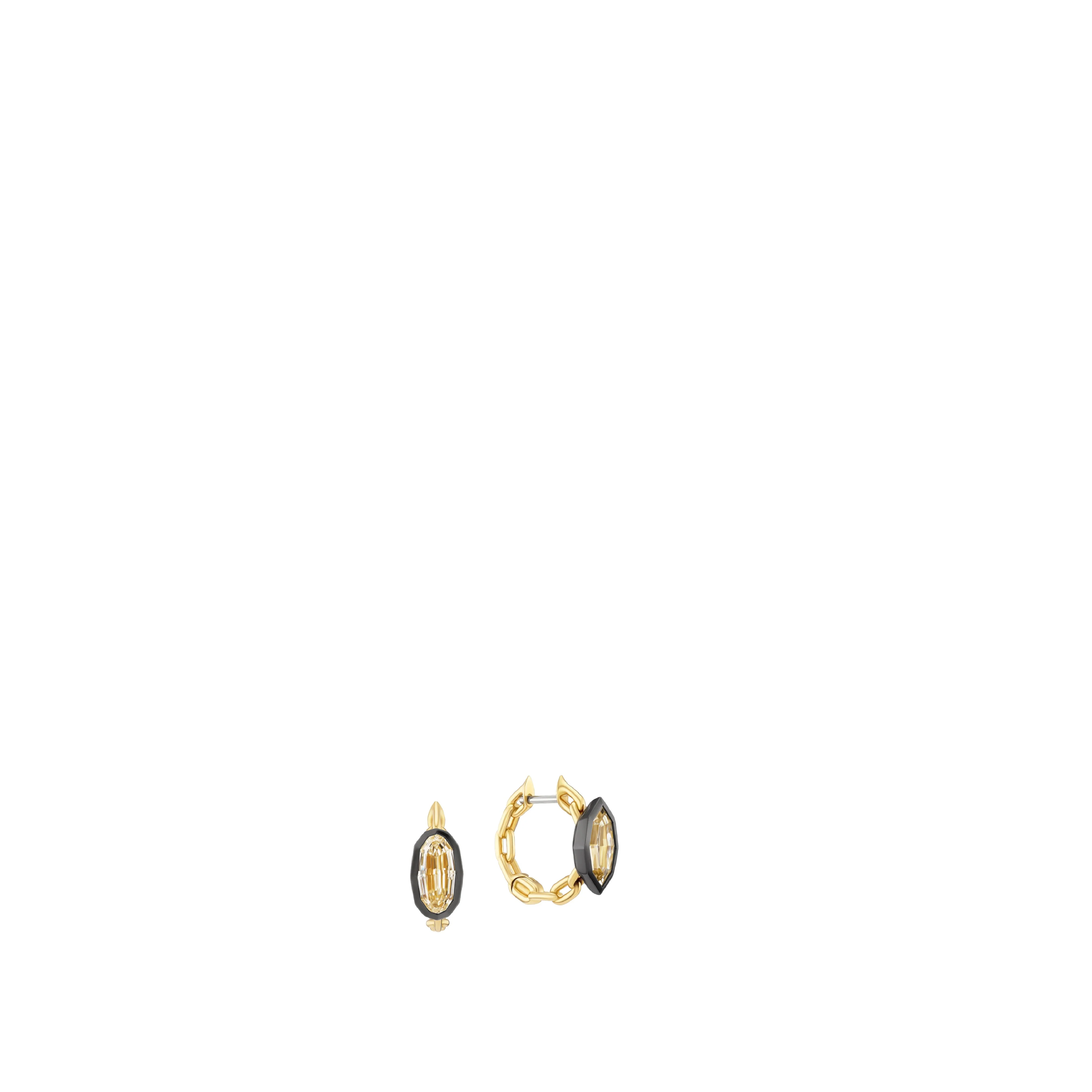 Image 1 of 1 - GOLD - Uniform Object Power Metal Huggie Earrings featuring 5.5 g of 18K yellow gold with black rhodium plating, a 1.00 ct modified oval step-cut diamond, and a 1.01 ct modified marquise brilliant-cut diamond (2.01 TCW). Handcrafted in New York City. Cheap Luxury Handbag Shop offers a range of pieces from this collection in-store. For personal consultation and detailed information about jewelry, please contact our dedicated stylist team at personalshopping@?hirshleifers.com.