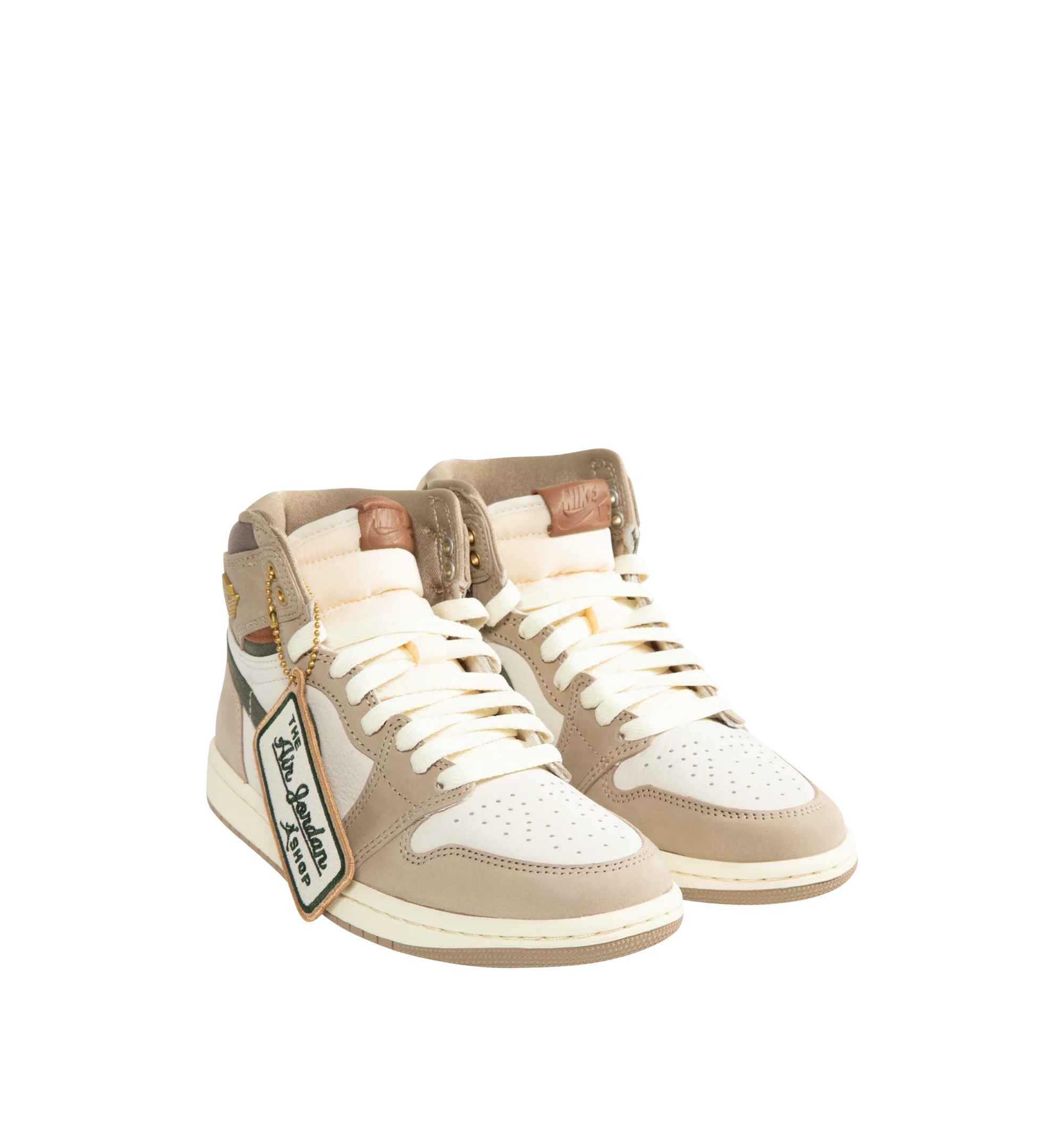 Image 2 of 5 - NEUTRAL - Women's Air Jordan 1 Retro High OG Sneakers feature a premium leather upper with suede overlays, a high-top silhouette, and signature Air Jordan Wings branding for a timeless heritage look. These lifestyle sneakers combine encapsulated Air-Sole cushioning, a perforated toe box, and a durable rubber outsole for lightweight comfort, breathable support, and reliable traction on and off the court. Main Material: Genuine Leather and Suede. Midsole: Encapsulated Air-Sole Unit. Sole: Rubbe
