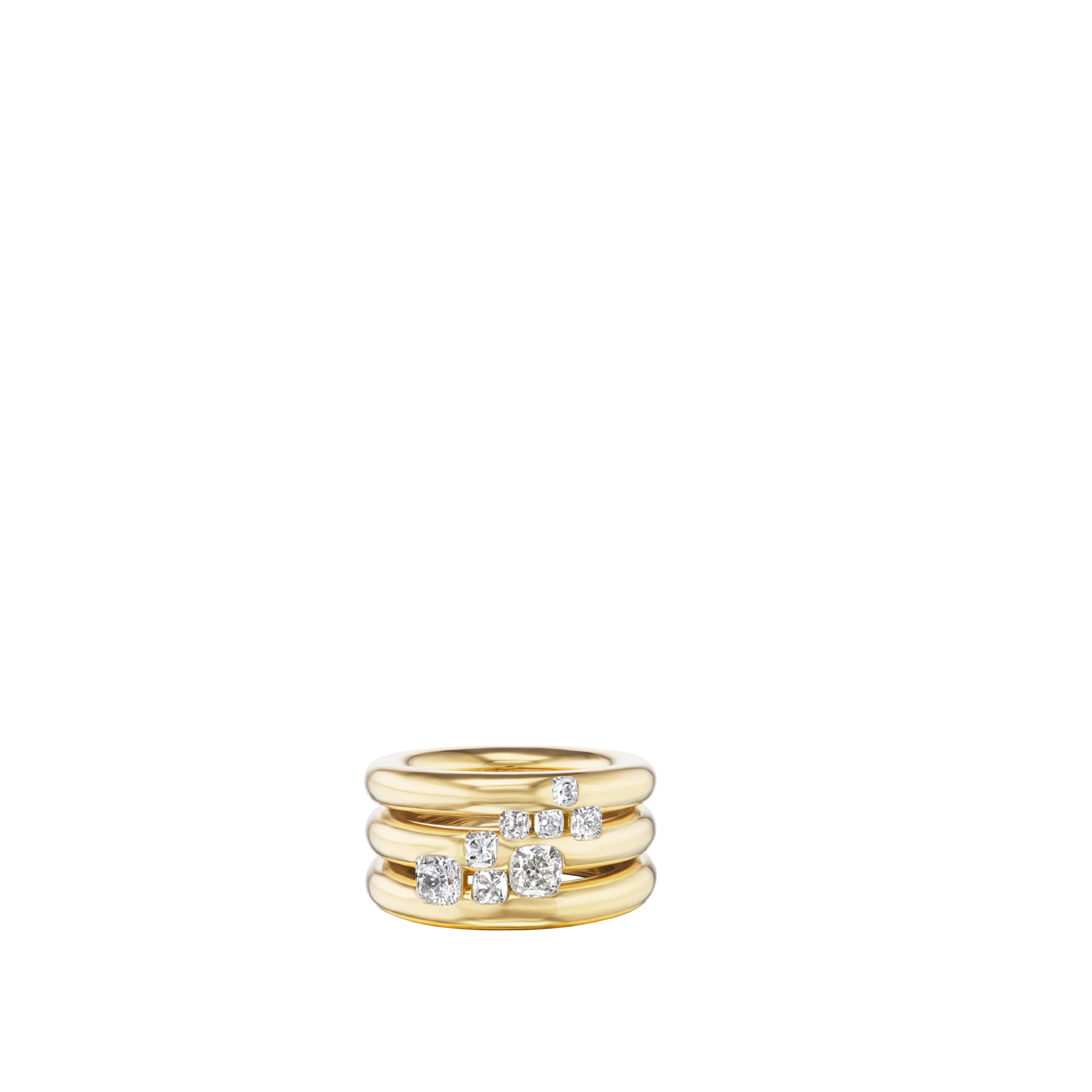 Image 1 of 1 - GOLD - Uniform Object Cluster Stack Ring featuring 37 g of solid 18K yellow gold with 1.80 TCW cushion-cut diamonds. Handcrafted in New York City. Cheap Luxury Handbag Shop offers a range of pieces from this collection in-store. For personal consultation and detailed information about jewelry, please contact our dedicated stylist team at personalshopping@hirshleifers.com.