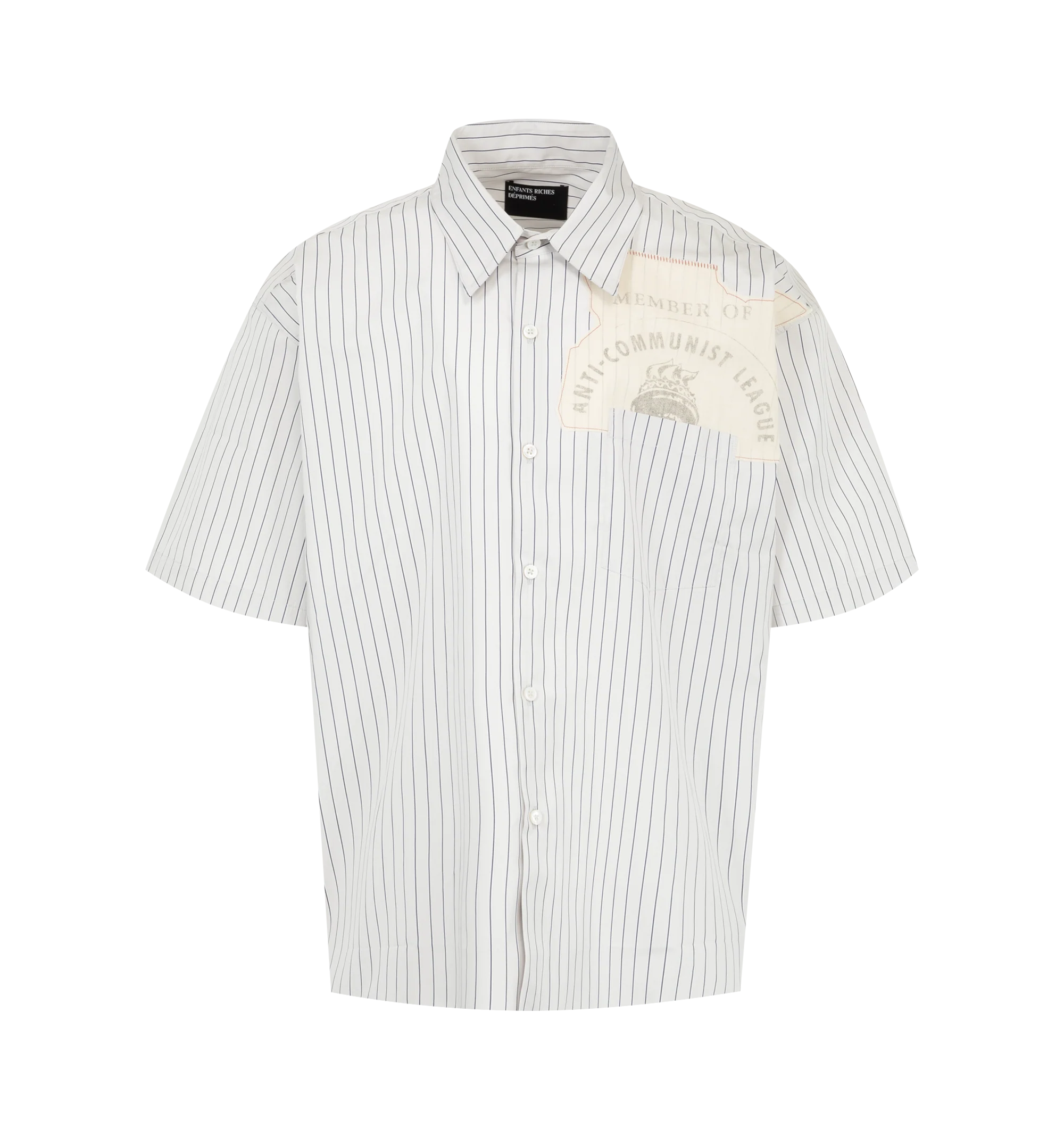 Image 1 of 2 - WHITE - Enfants Riches Dprims Men's Anti-Communist League Short Sleeve Shirt is crafted from Italian striped cotton shirting and features a pointed collar, mother-of-pearl button closure, a left chest pocket with a printed artwork patch, short sleeves, and a square hem. This designer cotton shirt combines workwear-inspired tailoring with signature graphic detailing for elevated everyday wear. Main Material: Cotton. Made in Italy.