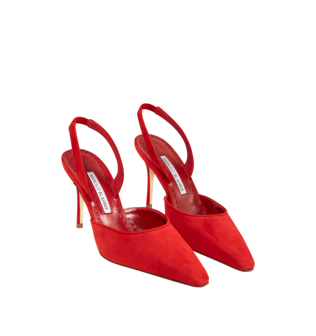 Image 2 of 4 - RED - MANOLO BLAHNIK Borelapla Slingback Pump featuring suede upper, point toe, elasticated slingback strap, leather insole and leather sole. Heel measures 90mm. Made in Italy. 
