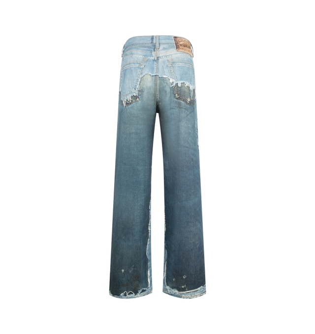 Image 2 of 3 - BLUE - ACNE 1981 Trompe-Lil Jeans featuring a hyper-detailed print to mimic frayed seams, worn patches and dangling key charms illusion, loose, baggy wide-leg silhouette, button zip closure and 5 pocket style. 100% cotton. Made in Italy.