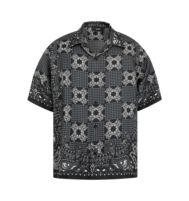 Image 1 of 2 - BLACK - Amiri Mens MA Check Camp Shirt is crafted from silk. Features a notched collar, button-front closure, and all-over MA Check print combining the signature bandana motif with the MA Quad monogram. Main Material: 100% Silk. Made in Turkey.