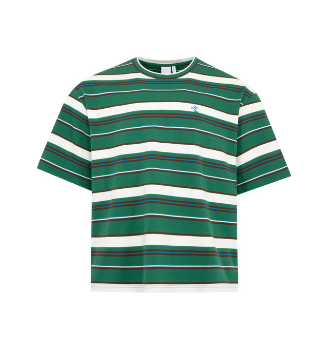 Image 1 of 2 - GREEN - LE PERE Striped Tommy Tee featuring classic boxy t-shirt with dropped shoulders in a multi stripe fabric, cursive logo at the chest, crew neck and short sleeves. 100% cotton. Made in Portugal.