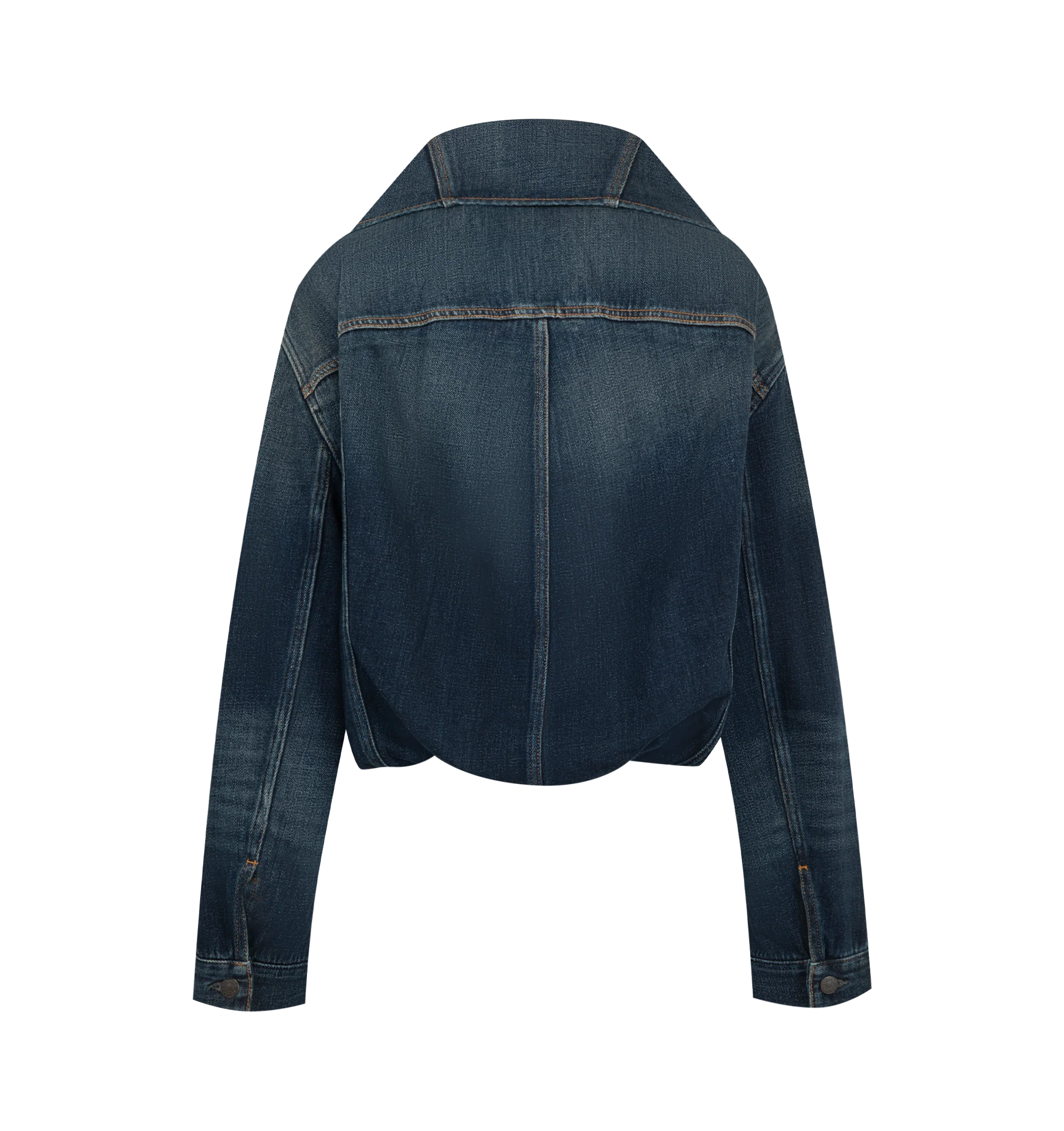 Image 2 of 3 - BLUE - Acne Studios Women's Cropped Denim Jacket is crafted from indigo-blue denim twill and features a regular-fit silhouette with a structured high neck and cropped length. Designed with branded button closures, front and side pockets, and a distinctive balloon hem that creates a gathered shape. Main Material: 100% Cotton. Lining: 65% Polyester, 35% Cotton.  