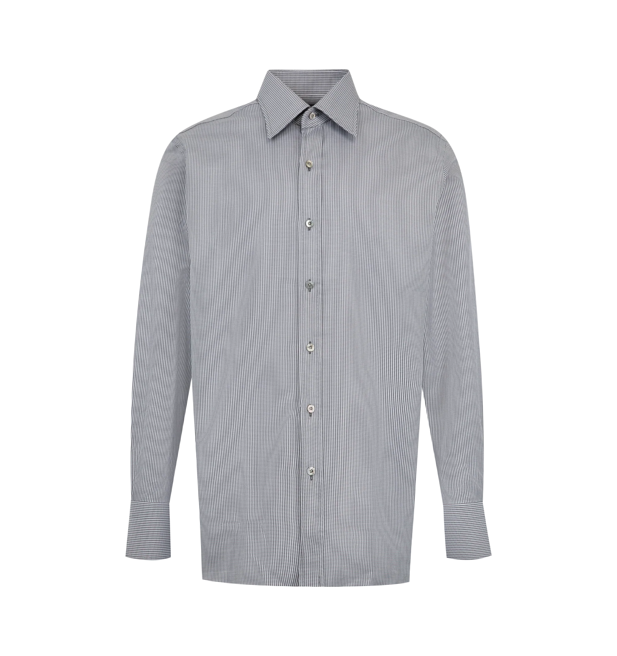 Image 1 of 2 - GREY - Tom Ford Mens Shirt is crafted from lyocell. Features a relaxed silhouette, refined polka dot print, button-front closure, pointed collar, and buttoned cuffs. Main Material: 100% Lyocell. Made in Italy.