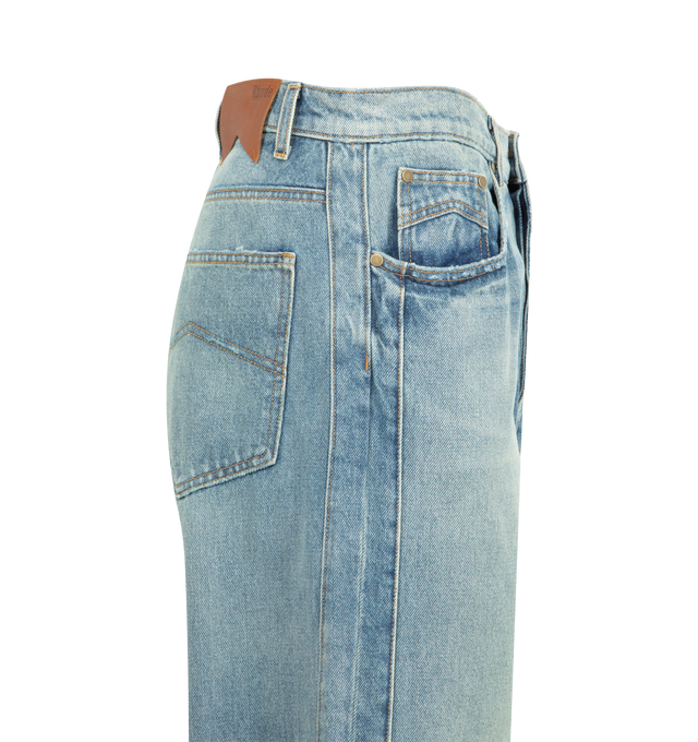 Image 3 of 3 - BLUE - RHUDE Traxedo Jean featuring a wide-leg silhouete, five-pocket style and zip fly, button closure. 100% cotton. Made in USA.