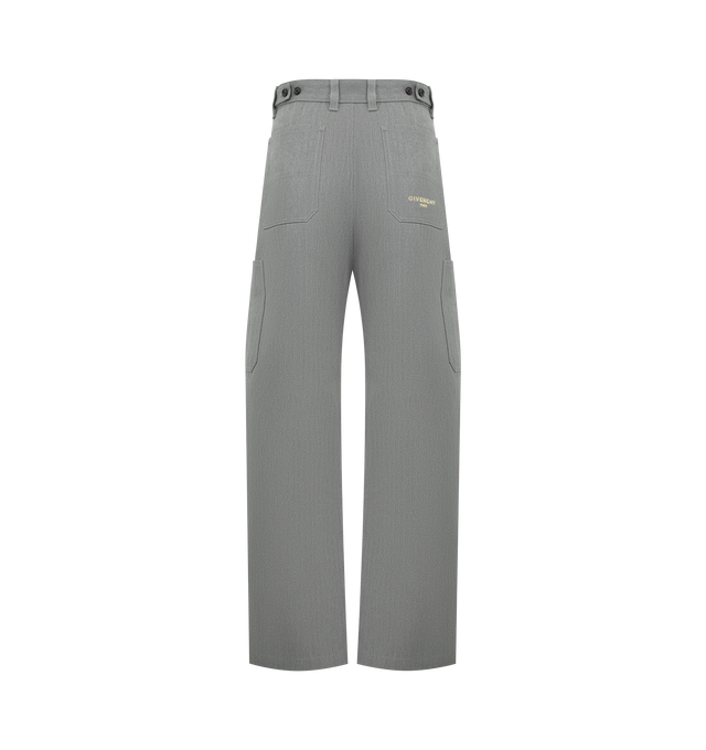 Image 2 of 3 - GREY - GIVENCHY Couture Seam Trousers featuring cargo trousers in herringbone denim, button and zipped closure, contrasting GIVENCHY Paris signature embroidered on the back, three front pockets, two side pockets, two back pockets and Couture seams for a rounded proportion. 100% cotton. 