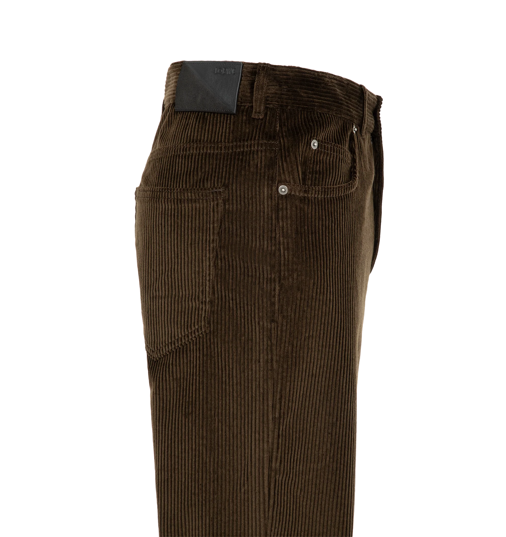 Image 3 of 3 - BROWN - Loewe Men's Corduroy Trousers are crafted from medium-weight brown cotton corduroy and feature a regular fit with a mid-rise waist, straight leg, and regular length. A concealed zip fly and classic five-pocket construction define the silhouette, while an embossed Loewe leather and suede patch accents the back. Main Material: Cotton. Made in Italy. 