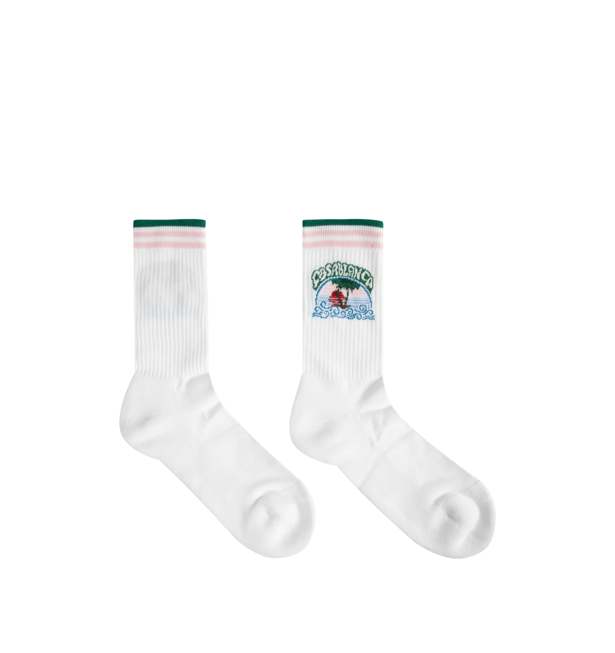 Image 2 of 2 - WHITE - The Men's Palm Tree Emblem socks are a sport-inspired design, crafted from a soft cotton-blend fabric and featuring the house's Palm Tree motif. Completed with pink, white, and green striped cuff detailing, along with ribbed legs and cuffs for added comfort and structure. Cotton blend fabric 87% recycled cotton 12% polyamide 1% elastane. Made in Portugal  