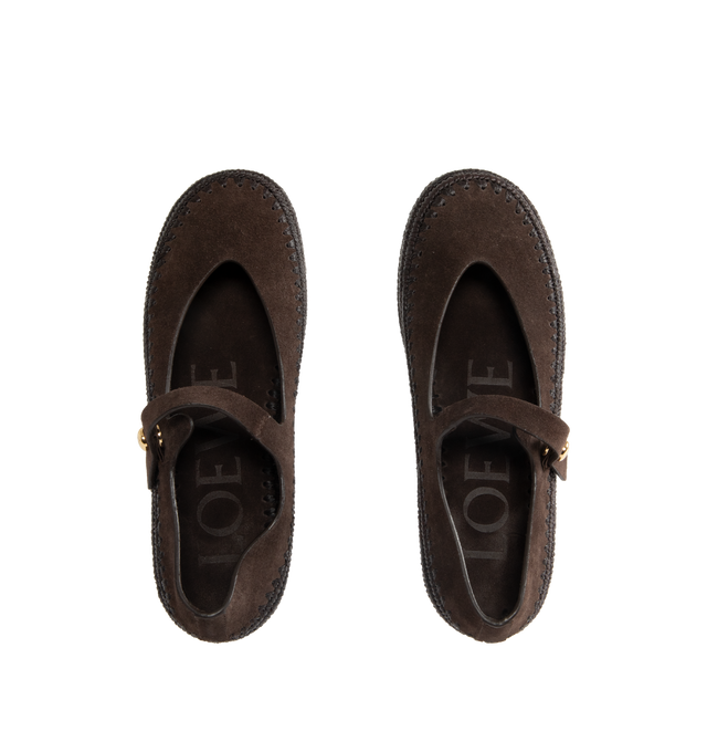 Image 4 of 4 - BROWN - LOEWE PAULA'S IBIZA Rio Mary-Jane in suede and raffia featuring handcrafted raffia embroidery, rounded toe-shape, metallic pebble with an Anagram engraved detail placed on the ankle strap, button snap fastening closure, engraved Anagram on pebble, padded leather insole and anagram embossed rubber outsole. Suede/raffia. Made in Spain. 