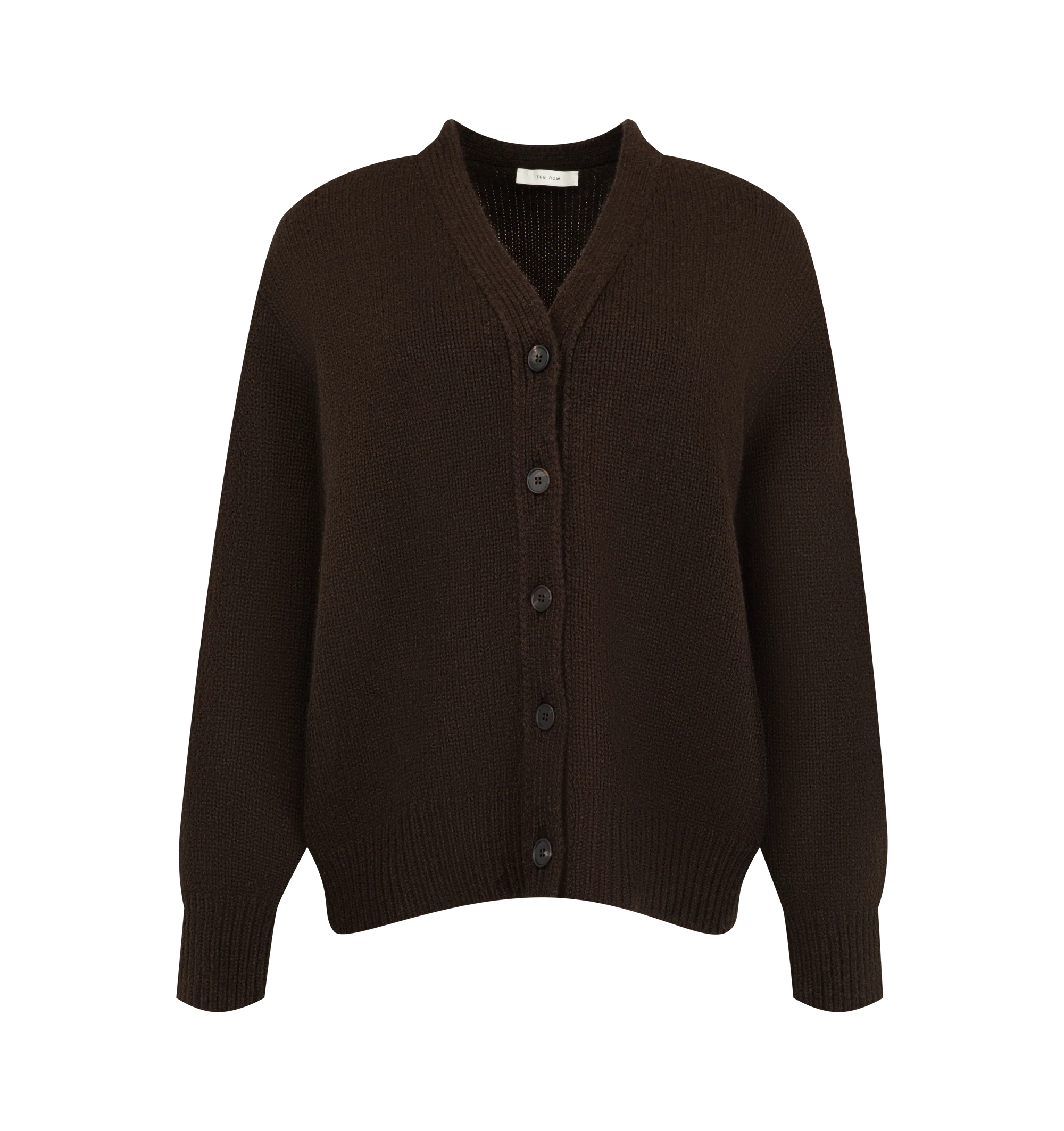 Image 1 of 2 - BROWN - The Row Women's Pranavi Cardigan is crafted from textured cashmere and features a slightly oversized silhouette with a classic V-neckline, front button closure, and ribbed trims at the neckline, cuffs, and hem. This designer cashmere cardigan combines exceptional Italian craftsmanship with rich three-ply cashmere yarn for luxurious warmth, depth, and softness, creating a timeless layering piece with effortless sophistication. Main Material: 100% Cashmere. Made in Italy.