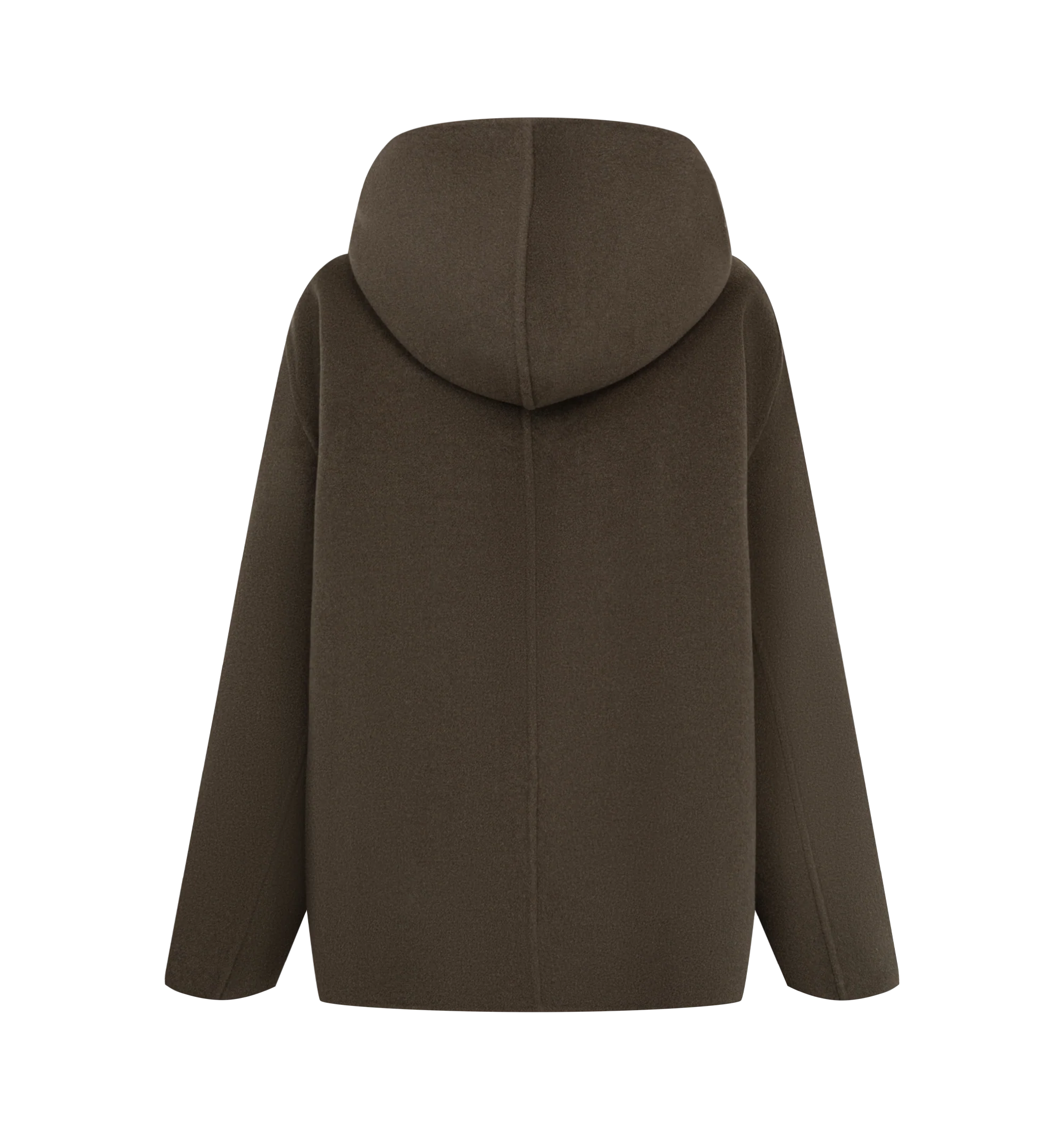 Image 2 of 3 - BROWN - Khaite Women's Hooded Wool Jacket is crafted from double-face wool and features an enveloping hooded silhouette with a bold oversized zipper pull, angled dart detailing, and twin in-seam pockets. Expertly tailored in Italy, this designer wool jacket combines exceptional craftsmanship with architectural construction and a relaxed, seasonless design for refined everyday layering. Main Material: 100% Double-Face Wool. Made in Italy.