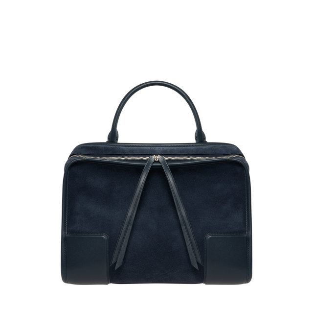 Image 2 of 5 - NAVY - LOEWE Large Amazona 180 Bag in suede featuring a relaxed silhouette anchored by a single toron top handle, designed to be carried open while a concealed closure secures the main compartment, removable shoulder and crossbody straps, zip closure with two leather zip pullers, two compartments, main compartment closed with magnetic closure, internal flat pocket, left side d-ring for customization, suede and nappa lambskin lining, embossed LOEWE and embossed double L branding. Suede/calf. 2 