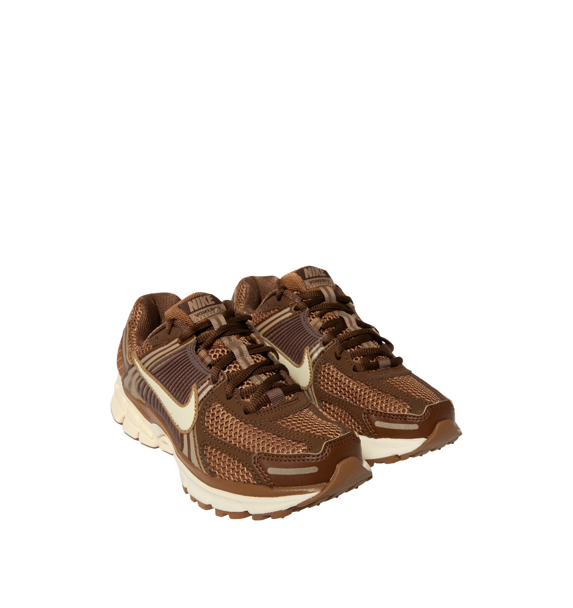 Image 2 of 5 - BROWN - Nike Womens Zoom Vomero 5 Sneakers feature a layered design with textile, synthetic leather, and plastic accents. Finished with Zoom Air cushioning, supportive side caging, reflective details, and a durable rubber outsole. Main Material: Textile, Synthetic Leather, Plastic; Outsole: Rubber. Imported