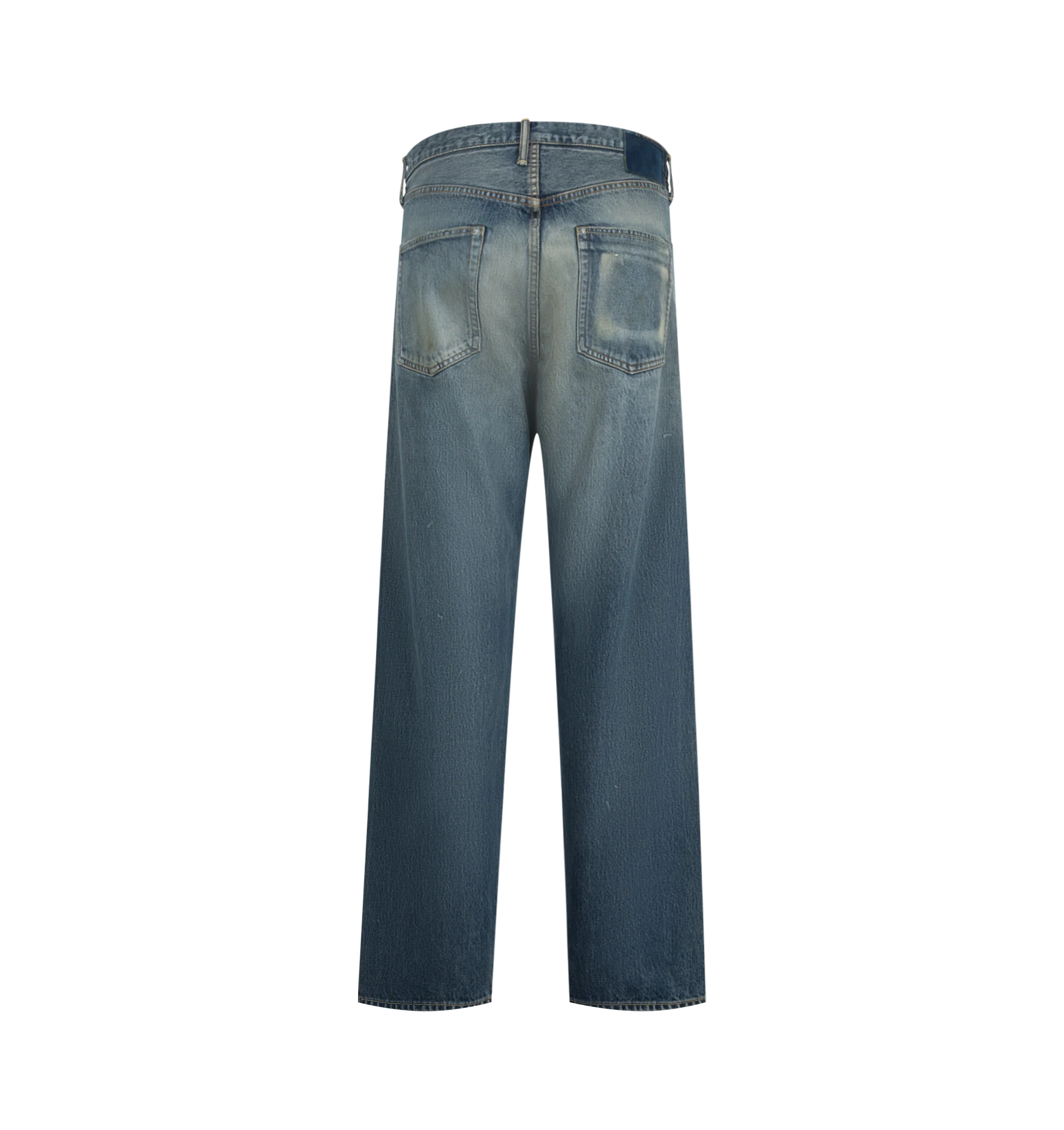 Image 2 of 3 - BLUE - Visvim Men's Social Sculpture 03 Wide Denim Jeans are crafted from original selvedge denim and feature a regular-slim silhouette with a normal rise and tapered leg. Designed with five-pocket styling, a zip fly with button closure, original hardware, and an indigo-dyed deerskin patch, showcasing the brand's signature blend of heritage workwear and Japanese craftsmanship. Main Material: 100% Cotton. Patch: Deerskin. 