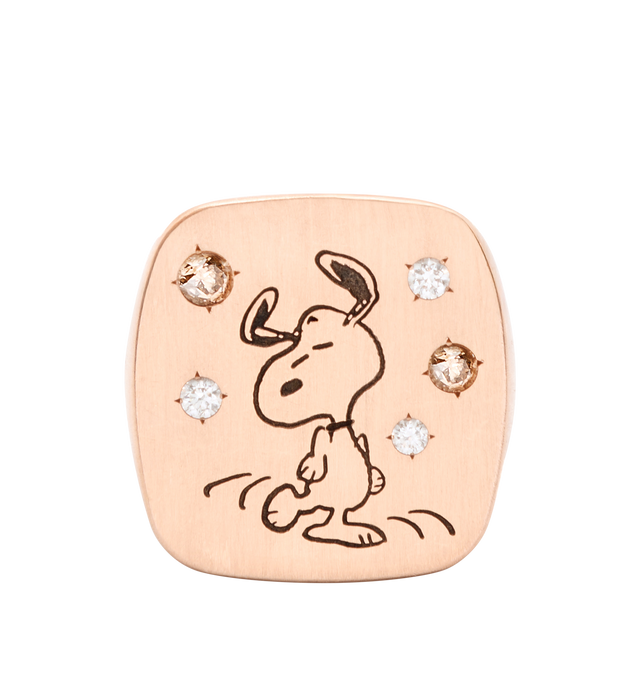 Image 2 of 4 - GOLD - LIZWORKS X PEANUTS Jazz Snoopy Rose Gold Square Face Ring featuring18k rose gold ring with 3 white diamonds, 2 brown and chocolate brown enamel. 22 mm x 23 mm. Cheap Luxury Handbag Shop offers a range of initial pieces from this collection in-store. For personal consultation and detailed information about jewelry, please contact our dedicated stylist team at personalshopping@hirshleifers.com. This item may be restricted for online purchase to international clients. For assistance purchasing this it