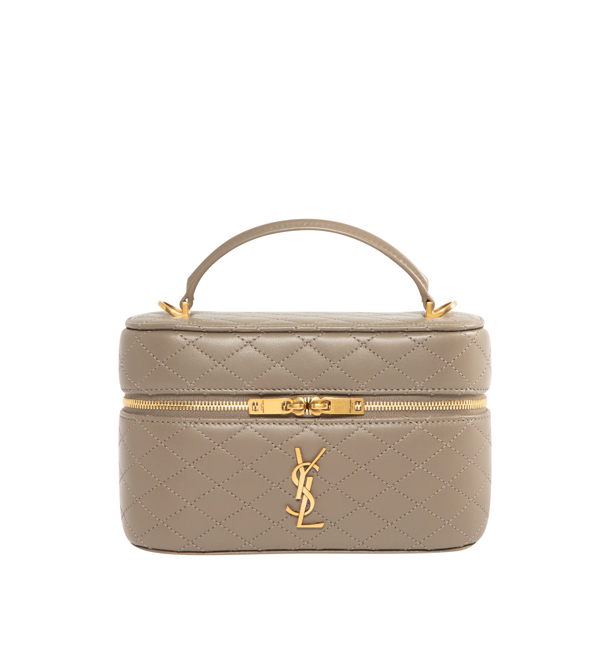 Image 1 of 3 - BROWN - SAINT LAURENT Gaby Mini Vanity Bag featuring zip closure, one card slot, diamond quilted overstitching, leather top handle and detachable strap. 7.1" X 4.3" X 2.6". 100% lambskin. Made in Italy.