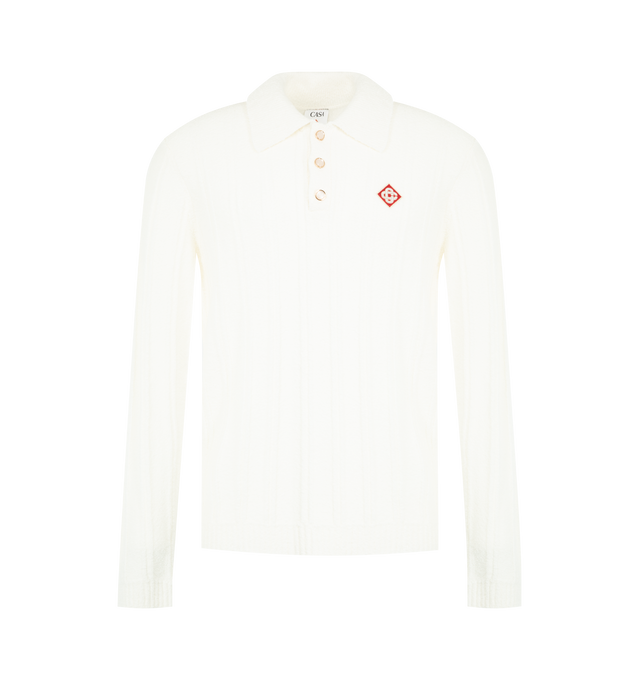Image 1 of 2 - WHITE - Casablanca Men's Boucle Long Sleeve Polo Shirt in a classic knit design featuring the house's diamond logo patch. Completed with a collared neckline, button closure, signature gold rim pearl buttons, and rib cuffs, collar, placket and hem detail in a slim silhouette. 64% cotton 36% nylon.