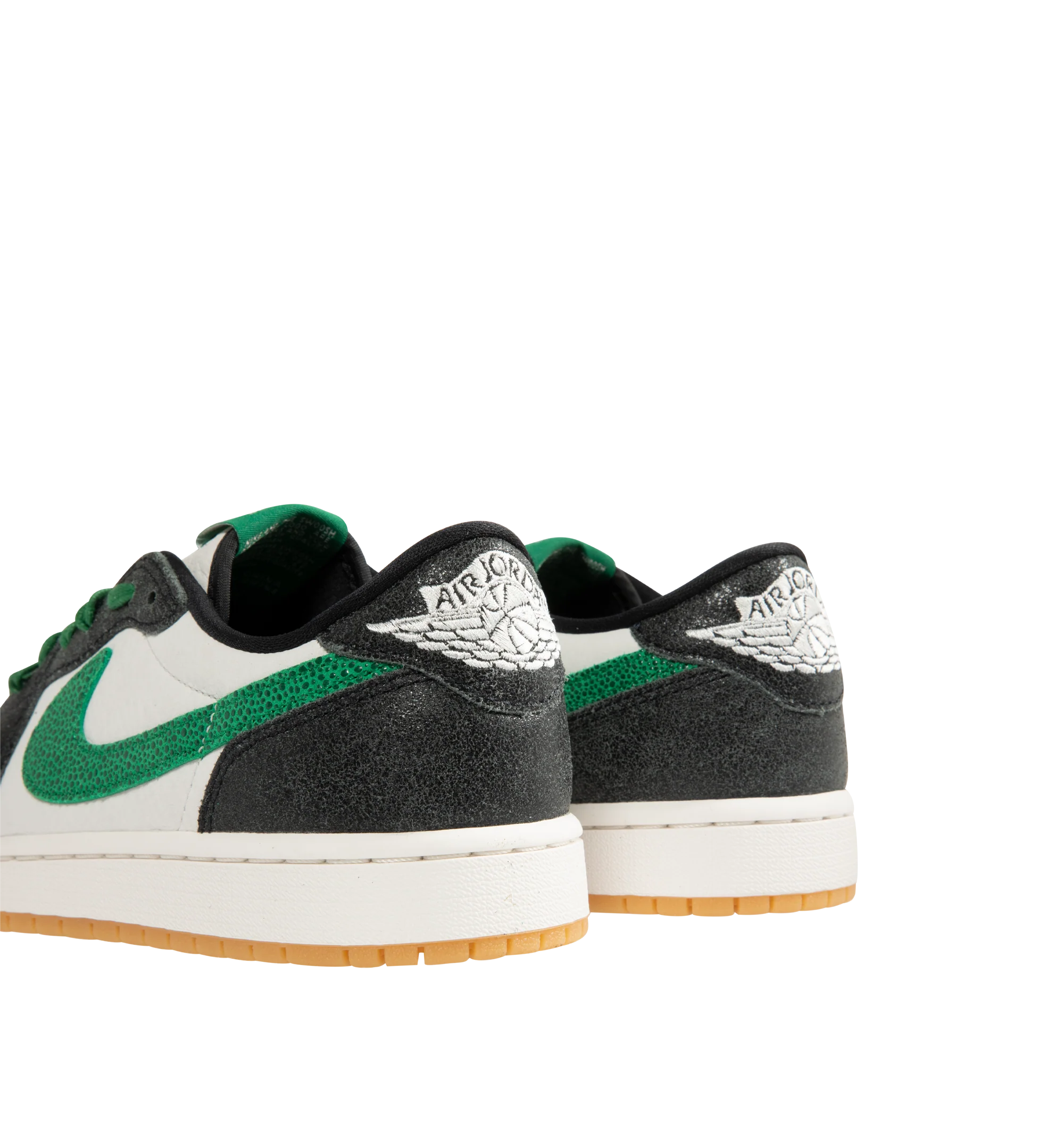 Image 3 of 5 - GREEN - Men's Air Jordan 1 Retro Low OG "Phantom and Pine Green" Sneakers feature a genuine leather upper with the iconic low-top silhouette for a timeless heritage look. These lifestyle sneakers combine encapsulated Air-Sole cushioning with a durable rubber outsole for lightweight comfort, lasting support, and reliable traction. Main Material: Genuine Leather. Midsole: Encapsulated Air-Sole Unit. Sole: Rubber.