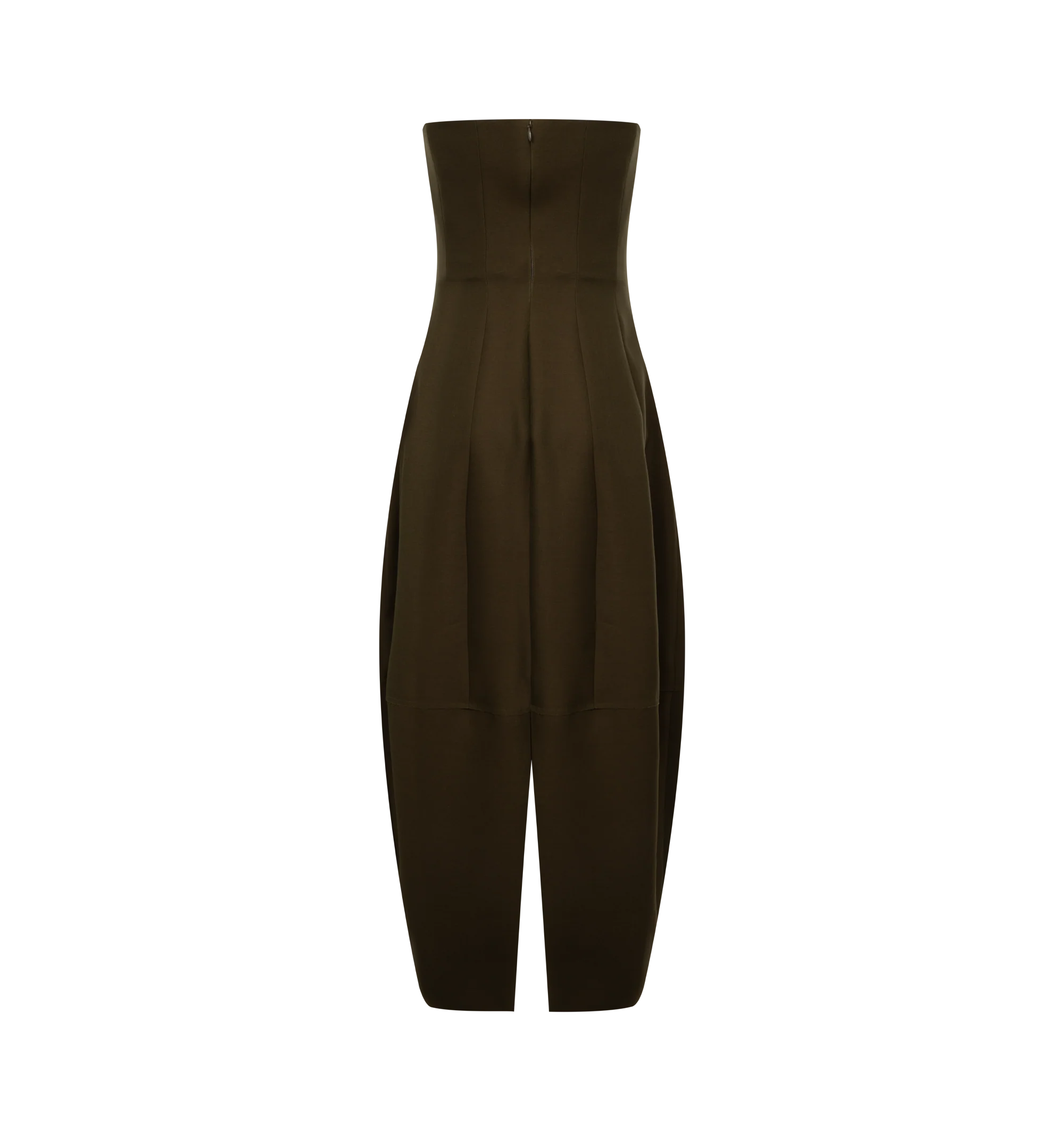 Image 2 of 2 - GREEN - Khaite Womens Strapless Stela Dress is crafted from wool silk cady. Features a strapless neckline, slim-fitting corset-inspired bodice, contoured waist, and voluminous rounded skirt that gently tapers toward the hem. Main Material: 74% Wool, 26% Silk. Dry clean. Made in Italy. 