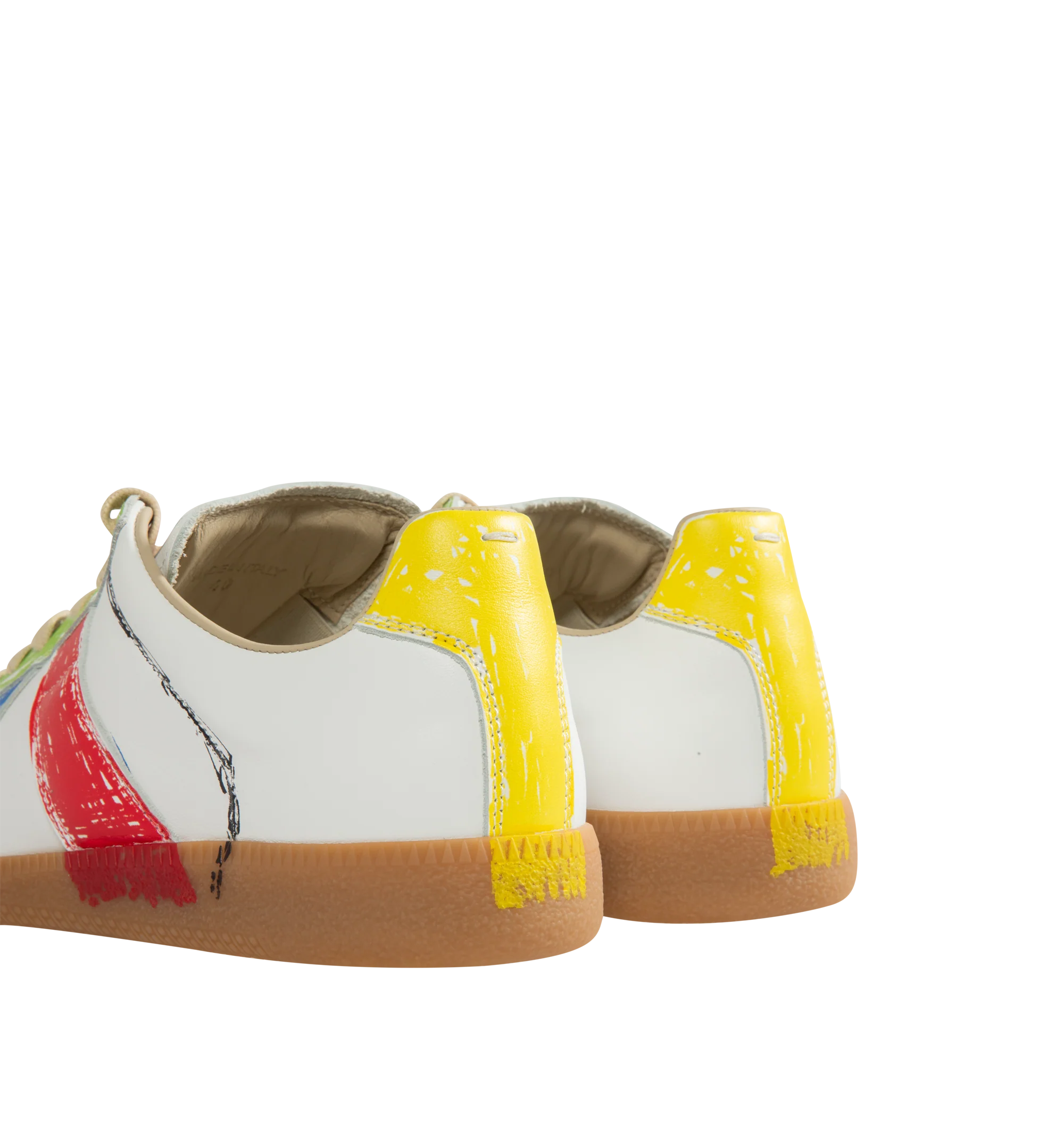 Image 3 of 5 - MULTI - Maison Margiela Men's High Quality Luxury Paint-Splatter Sneakers are crafted from calf leather and feature a paint-splatter effect. Designed with a round toe and lace-up fastening, they are finished with a logo-print tongue, the signature single-stitch detail at the rear, and a flat gum-rubber sole. Main Material: 100% Calf Leather. Lining: 100% Calf Leather. Sole: 100% Rubber. Made in Italy.
