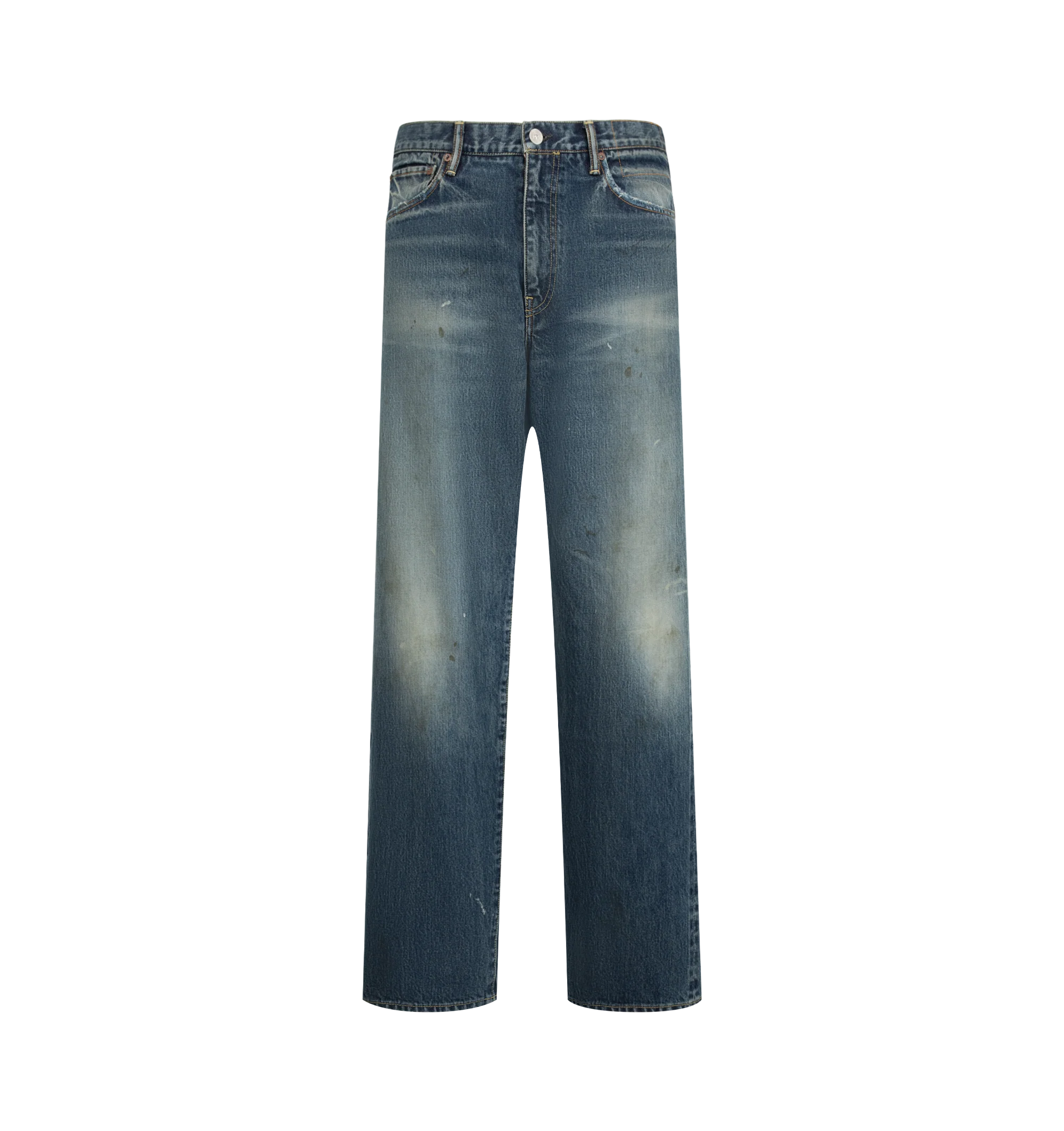 Image 1 of 3 - BLUE - Visvim Men's Social Sculpture 03 Wide Denim Jeans are crafted from original selvedge denim and feature a regular-slim silhouette with a normal rise and tapered leg. Designed with five-pocket styling, a zip fly with button closure, original hardware, and an indigo-dyed deerskin patch, showcasing the brand's signature blend of heritage workwear and Japanese craftsmanship. Main Material: 100% Cotton. Patch: Deerskin.