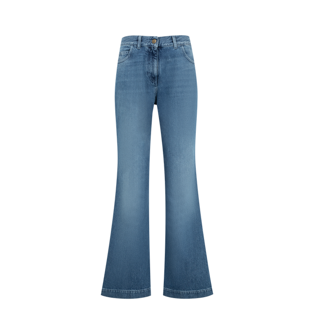 Image 1 of 1 - BLUE - Moncler Womens Wide Leg Denim Jeans are crafted from premium cotton denim in a timeless indigo wash. Features a button and concealed zip fly closure, belt loops, five-pocket construction, and signature logo patch detailing at the back. Exterior: 100% Cotton; Lining: 100% Cotton; Leather Tag: Cow Leather. Made in Albania.