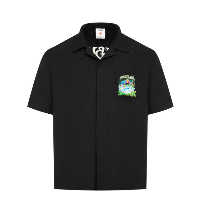 Image 1 of 2 - BLACK - CASABLANCA Volcano Short-Sleeve Shirt featuring a silk design, graphic print on front and back, a breast pocket, button closure, interlocking CC logo corozo buttons, and short sleeves. 100% silk. Made in Italy.