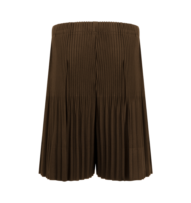 Image 2 of 3 - BROWN - Issey Miyake Men's shorts designed for portability and lightweight comfort, with the quick-drying properties unique to polyester. Featuring elastic drawstring waist, pockets on both sides and button-fly design. 100% Polyester. Made In Japan. 