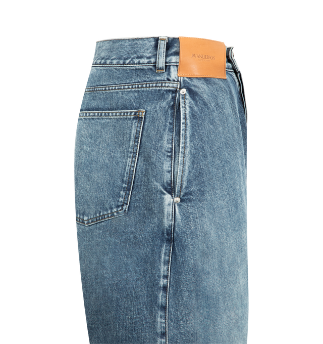 Image 3 of 3 - BLUE - JW ANDERSON Twisted Workwear Jeans featuring a workwear silhouette, diagonal seams at the legs, a patch pocket at the side, belt loops, side patch pocket, back patch pocket and zip fly with button closure. 100% cotton. Made in Italy.