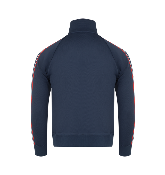 Image 2 of 3 - NAVY - SAINT LAURENT Track Jacket featuring a stand collar, zip front, raglan sleeves with contrast piping, two welt pockets at the front and ribbed cuffs and hem. 57% cotton, 43% nylon. Made in Italy.