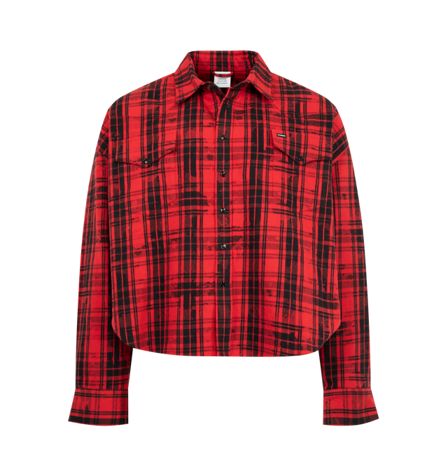 Image 1 of 3 - RED - VETEMENTS Cowboy Flannel Shirt featuring spread collar, button closure, flap pockets at chest, shirttail hem and locker loop at back yoke. Made in Portugal.