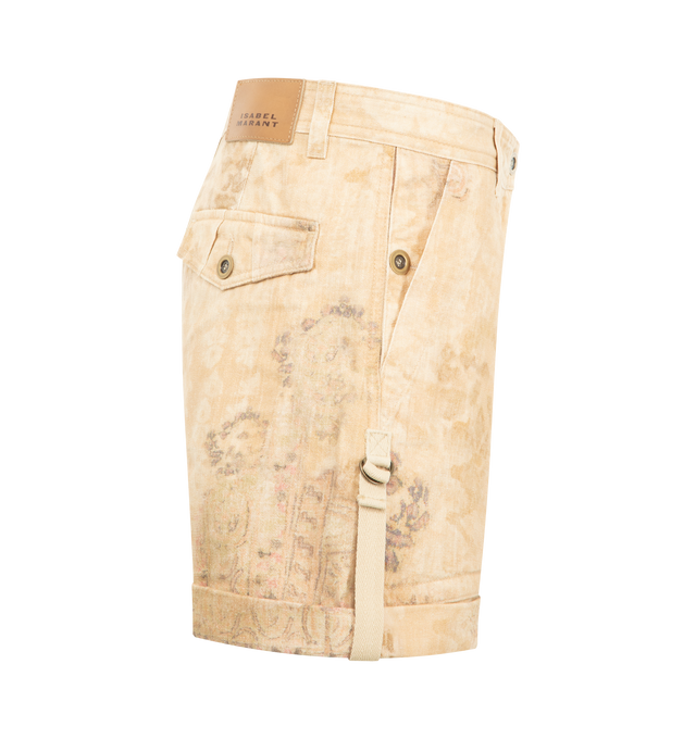 Image 3 of 3 - BROWN - ISABEL MARANT Calissy Shorts featuring lightweight cotton denim shorts with washed mandala print, flared Bermudas with front pleats, hidden bronze metal button and zipper, double side patch pockets and piped pockets with buttoned flaps on the back, turn-up hems, tone-on-tone grosgrain tabs with adjustable metal buckles, tone-on-tone double topstitching and leather label in back with an embossed "Isabel Marant" logo. 100% cotton.
