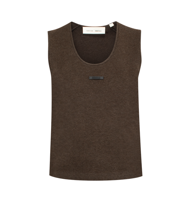 Image 1 of 2 - BROWN - FEAR OF GOD ESSENTIALS Rib Tank featuring poly-nylon rib knit, form fitting, cropped at the hip and a Fear of God Essentials label is positioned at the back. 88% polyester, 12% nylon rib knit.
