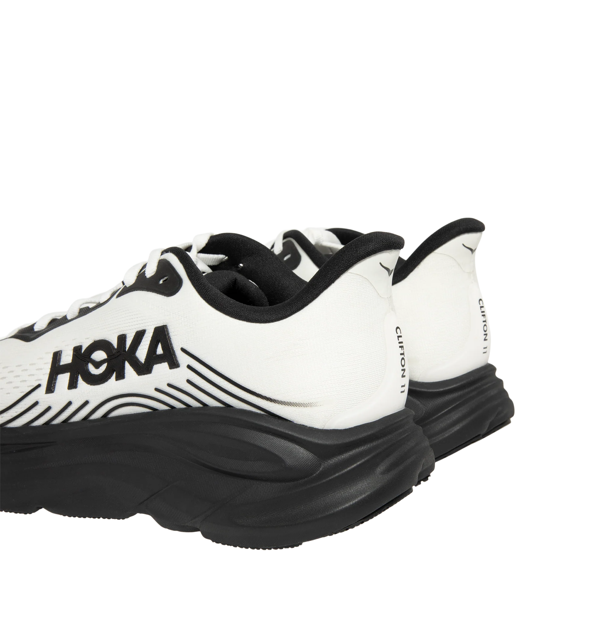 Image 3 of 5 - BLACK - Hoka Mens Clifton 11 Running Shoes feature an engineered mesh upper with reflective details and 3D-printed overlays. Designed with a CMEVA midsole, Rearfoot-Focused Active Foot Frame, MetaRocker geometry, open-cell sockliner, double-lace lock system, and Durabrasion rubber outsole for lightweight cushioning, stability, and everyday road running. Upper: Engineered Mesh; Midsole: CMEVA; Outsole: Durabrasion Rubber. Imported.