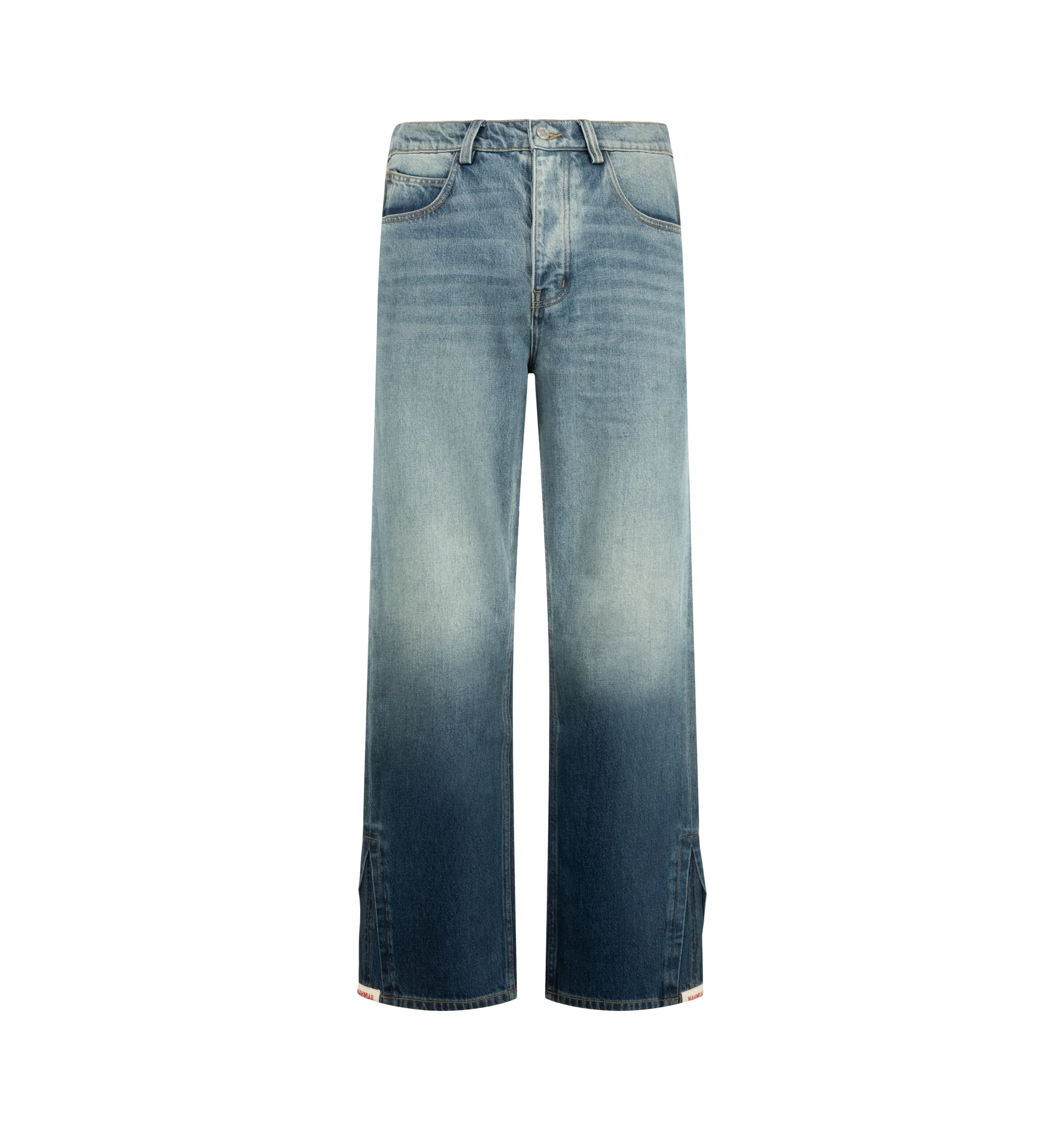 Image 1 of 4 - BLUE - Nahmias Men's High Tide Split Seam Straight Leg Jeans are crafted from 100% cotton denim and feature a straight-leg silhouette with signature split-seam construction. Designed in a medium indigo wash, these designer jeans are finished with a waxed hem that creates a distinctive wet, just-out-of-the-water effect and a Summerland label detail at the split seam. Main Material: 100% Cotton. Fit: Straight Leg. Closure: Button. Details: Waxed Hem, Summerland Label at Split Seam. Care: Profes