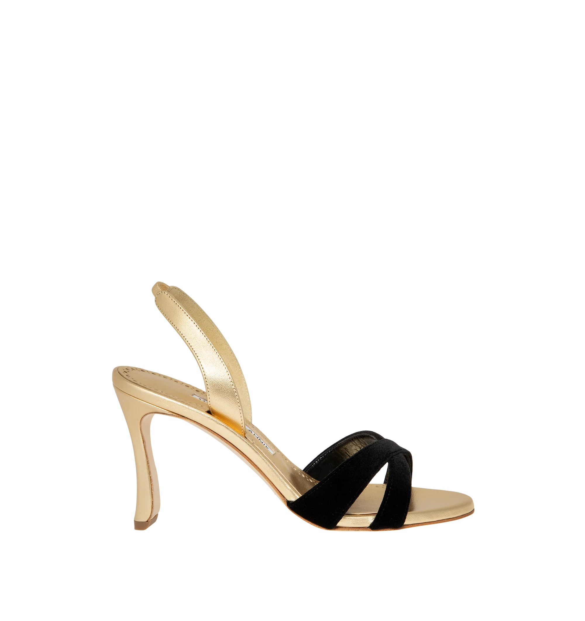 Image 1 of 4 - GOLD - Manolo Blahnik Womens Callasli 90 Slingback Sandals are crafted from nappa leather. Feature an open toe, crossover straps, slingback strap, stiletto heel, kid leather lining, and calf leather sole. Heel Height: 9 cm. Main Material: Nappa Leather; Lining: Kid Leather; Sole: Calf Leather. Made in Italy.