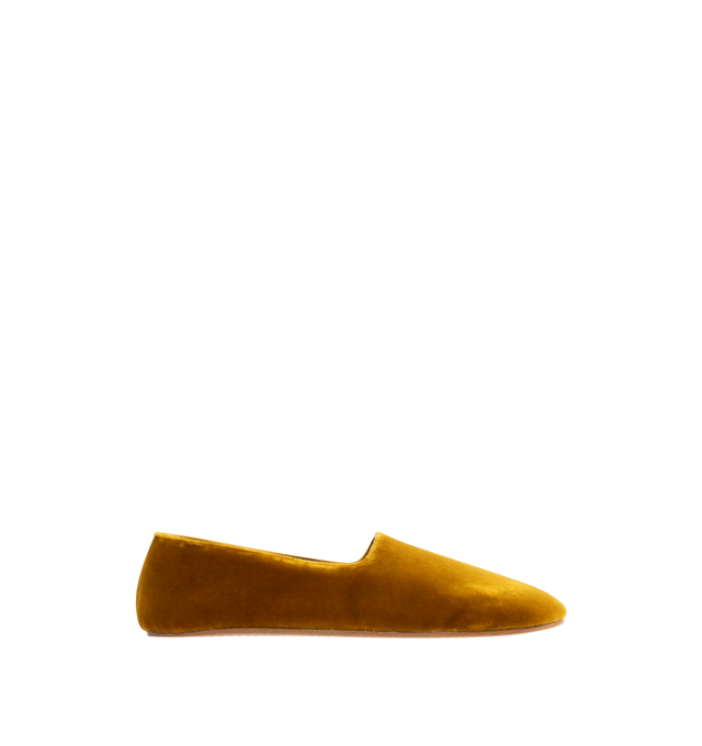 Image 1 of 4 - YELLOW - THE ROW Ponti Slipper featuring minimal slip-on shoe in plush velvet with round toe, leather lining and flexible leather sole. 100% cotton. Made in Italy.