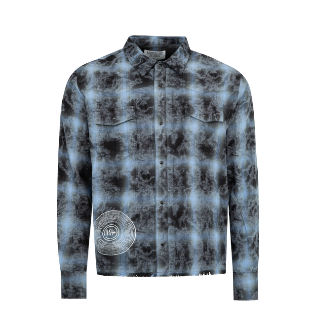 Image 1 of 2 - BLUE - MIDNIGHT RODEO Flannel Shirt freaturing front button closure, chest flap pockets with button closure, button cuffs, front and back graphic logo detail, frayed raw-cut hem and lightweight flannel fabric. 100% cotton.