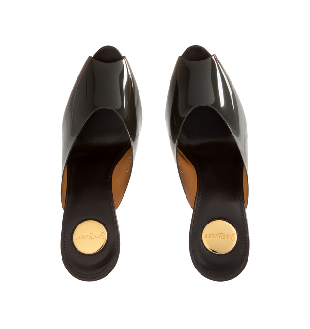 Image 4 of 4 - BROWN - SAINT LAURENT Sabrina Mules in TPU featuring translucent peep-toe mules with an almond toe, a plexiglas heel with embedded bronze-tone logo and leather sole. 3.3 inch heel. Polyurethane. Made in Italy.