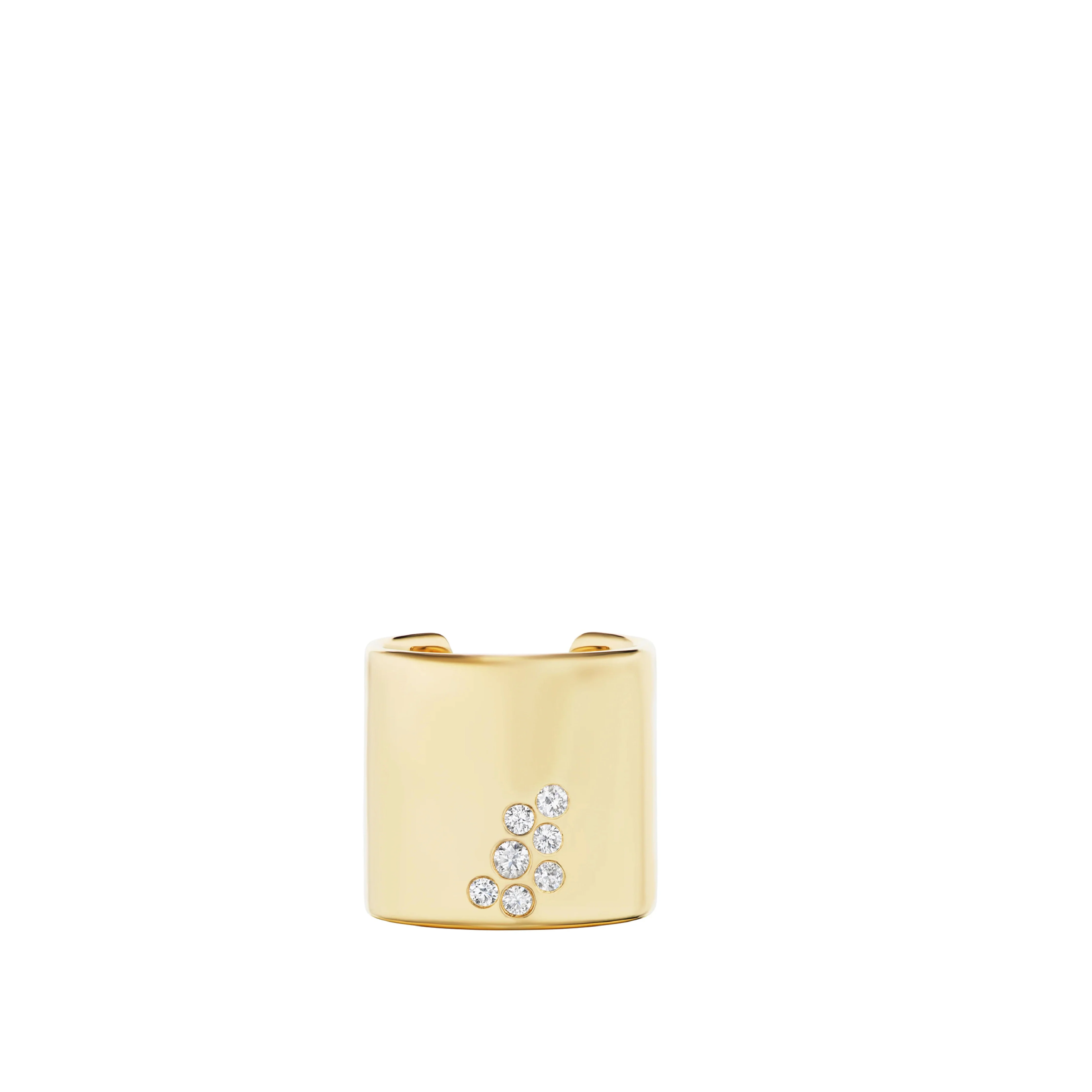 Image 1 of 1 - GOLD - Uniform Object Stoned Cuff Ring featuring 18.33 g of solid 18K yellow gold with a 0.43 TCW round diamond cluster. Dimensions: 2.33 mm band width; 20 mm length. Handcrafted in New York City. Cheap Luxury Handbag Shop offers a range of pieces from this collection in-store. For personal consultation and detailed information about jewelry, please contact our dedicated stylist team at personalshopping@hirshleifers.com.